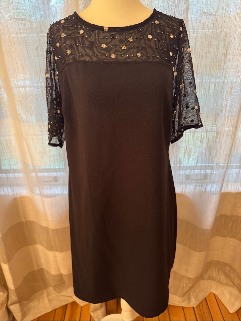 Nina Leonard Black Midi Dress with Embellished Sheer Yoke